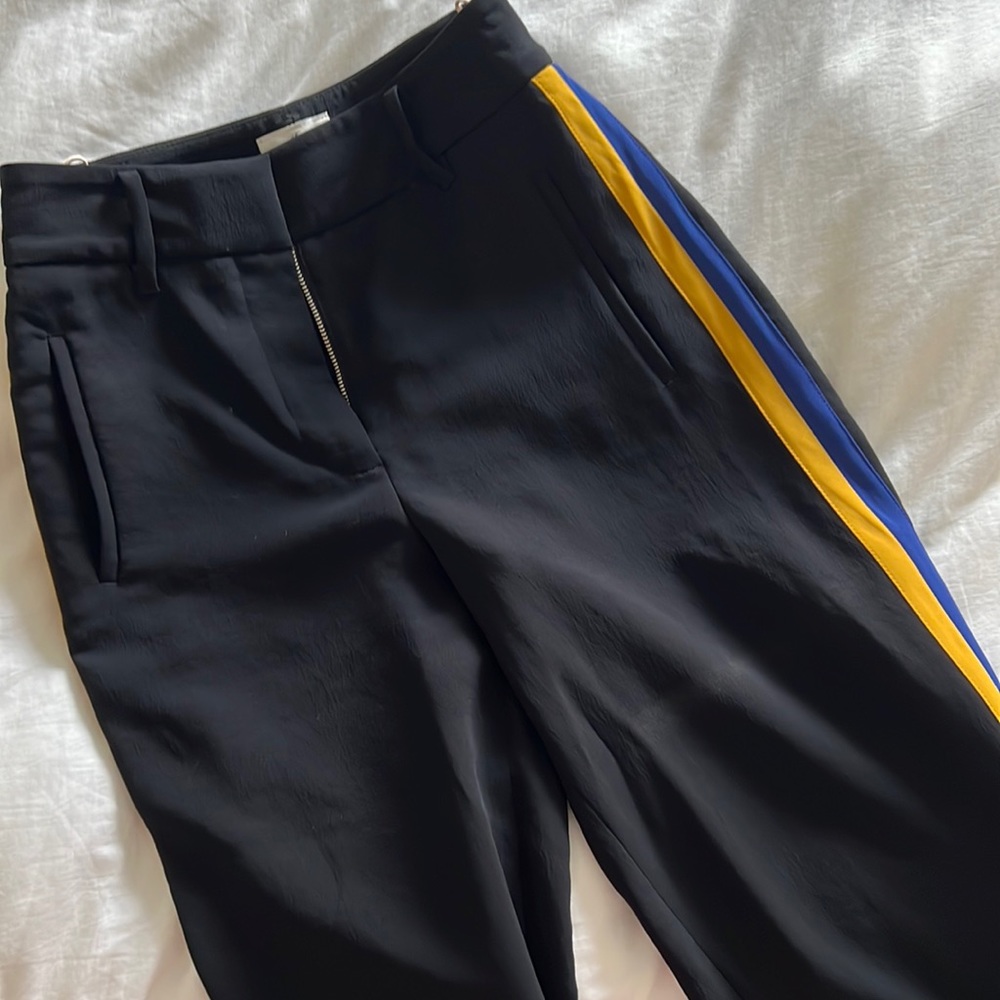 Wilfred Aritzia tie-front pants with belt and blue and yellow stripe
